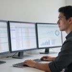 Analyste informatique surveillant tableaux de donnees sur plusieurs ecrans