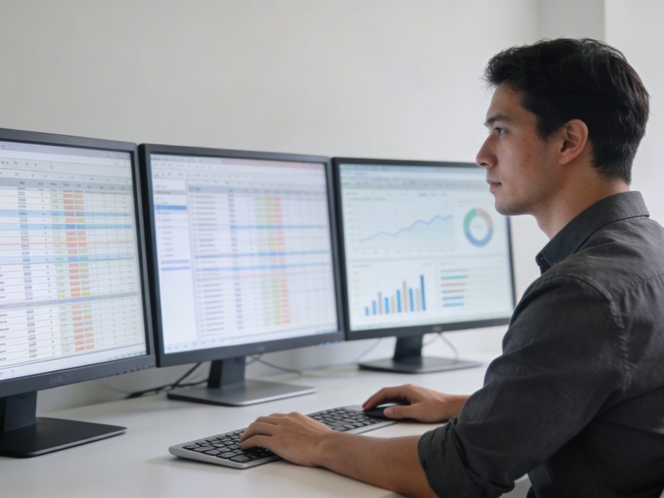 Analyste informatique surveillant tableaux de donnees sur plusieurs ecrans