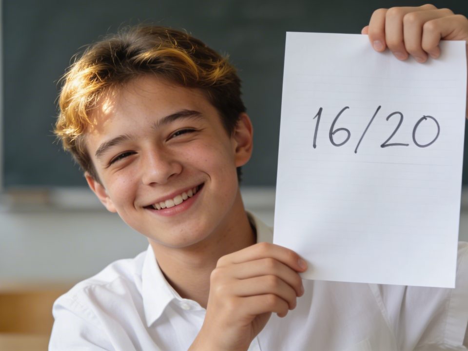 eleve souriant levant un bulletin note 16 sur 20