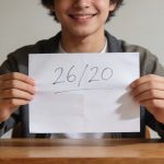 Eleve souriant montrant une copie note 26 sur 20