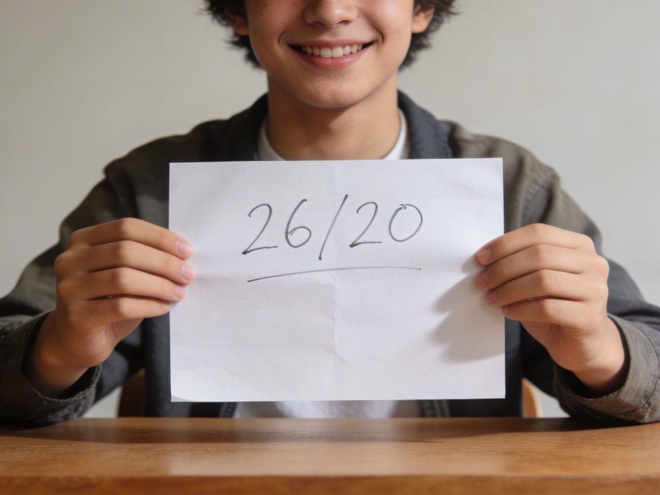 Eleve souriant montrant une copie note 26 sur 20