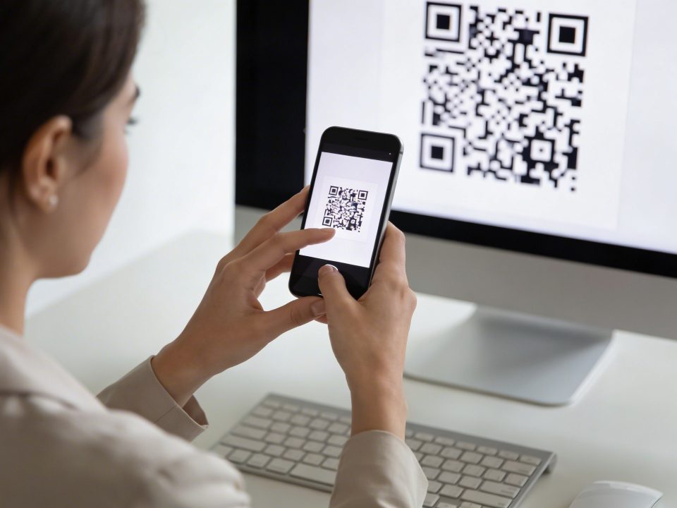 femme assise a un bureau scannant un qr code sur ecran pc avec son smartphone