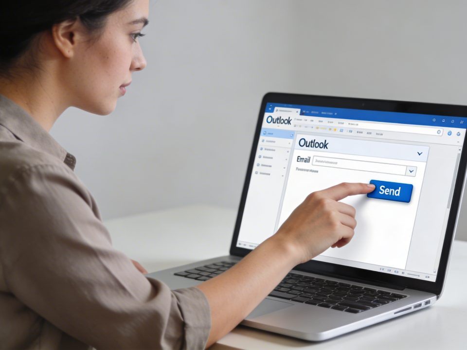 femme tapant un email outlook sur ordinateur portable