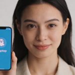 Femme tenant smartphone ouvert sur profil Snapchat bleu