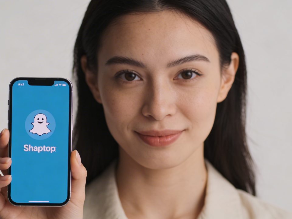 Femme tenant smartphone ouvert sur profil Snapchat bleu