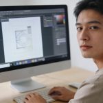 graphiste assis a un ordinateur editant un design