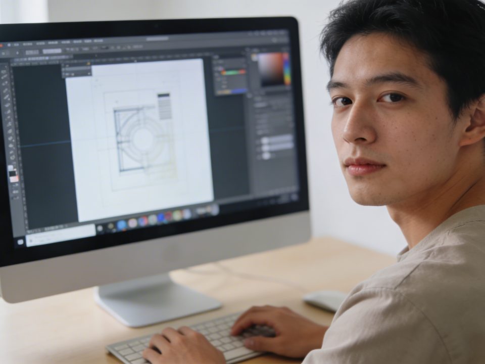 graphiste assis a un ordinateur editant un design