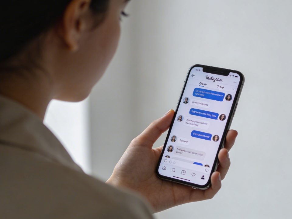 jeune femme tenant smartphone montrant interface groupe instagram