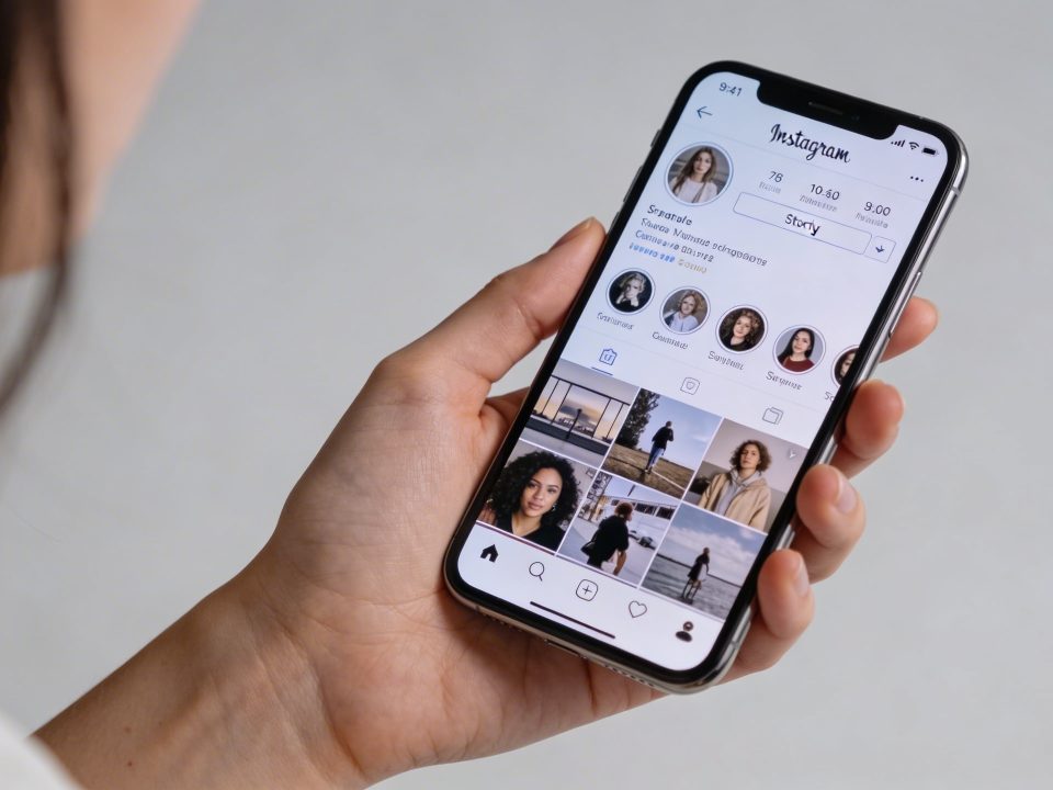 Main de femme tenant un smartphone affichant stories
