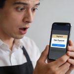 vendeur surpris regardant faux message paiement smartphone