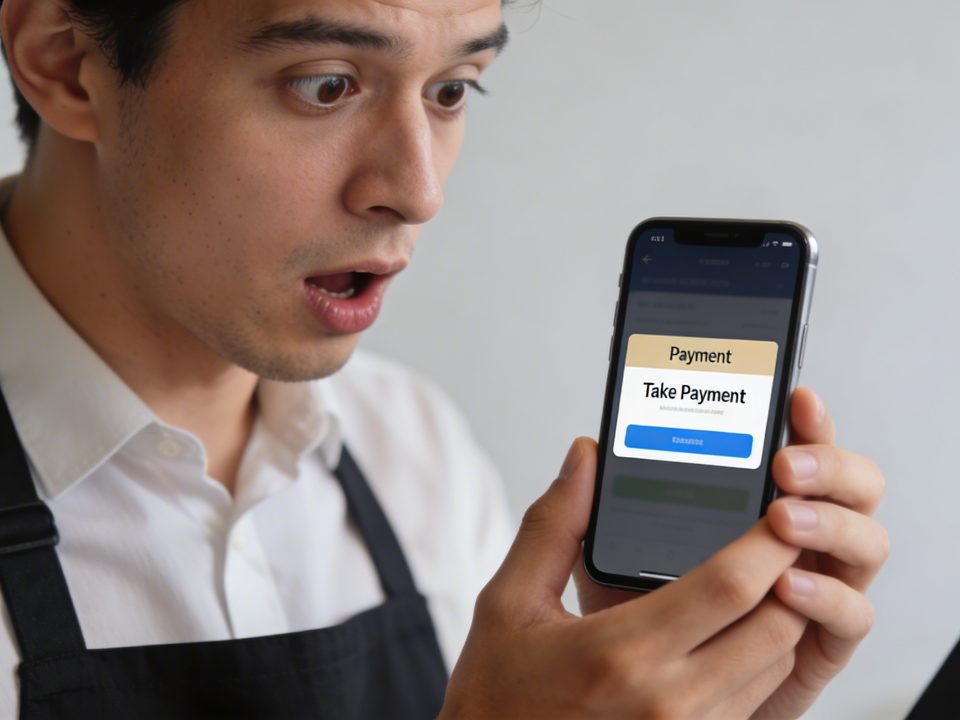 vendeur surpris regardant faux message paiement smartphone