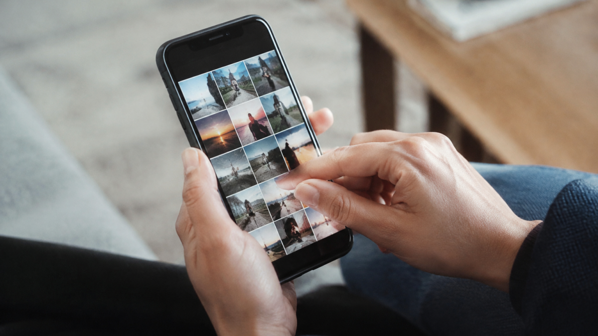 Mains tenant smartphone noir naviguant ecran tactile